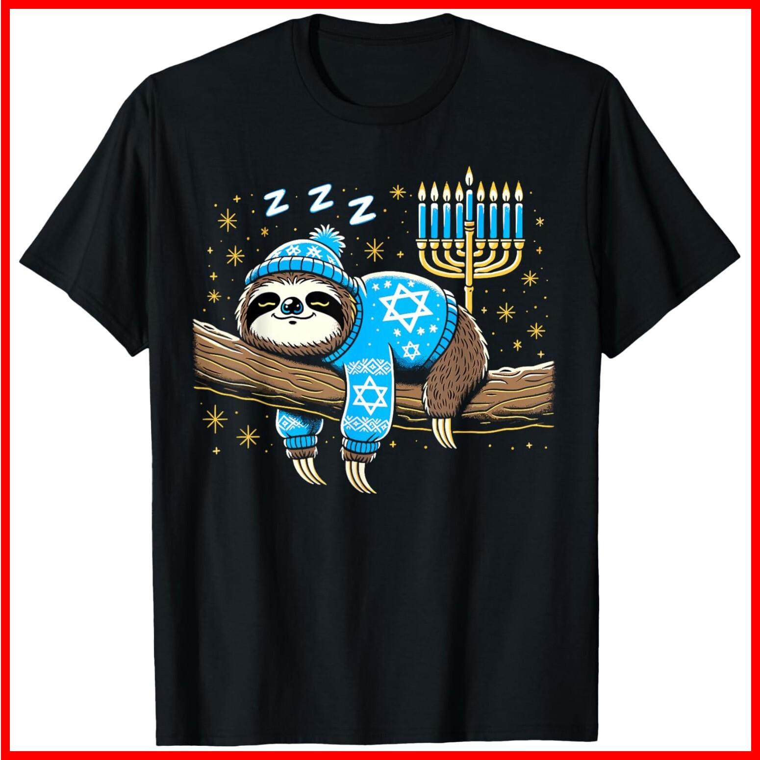 Funny Hanukkah Sloth Jewish Chanukah Sleeping Hanukkah PJs Black Cotton T-Shirt XXXL