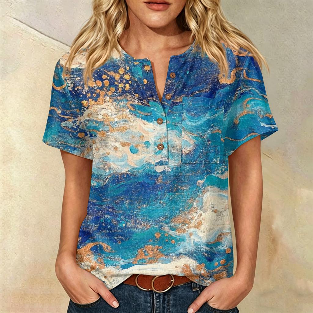 Women’s Printed Short Sleeve Henley Neck Shirt with Front Pocket Cotton Linen Material Relaxed Fit Casual Top