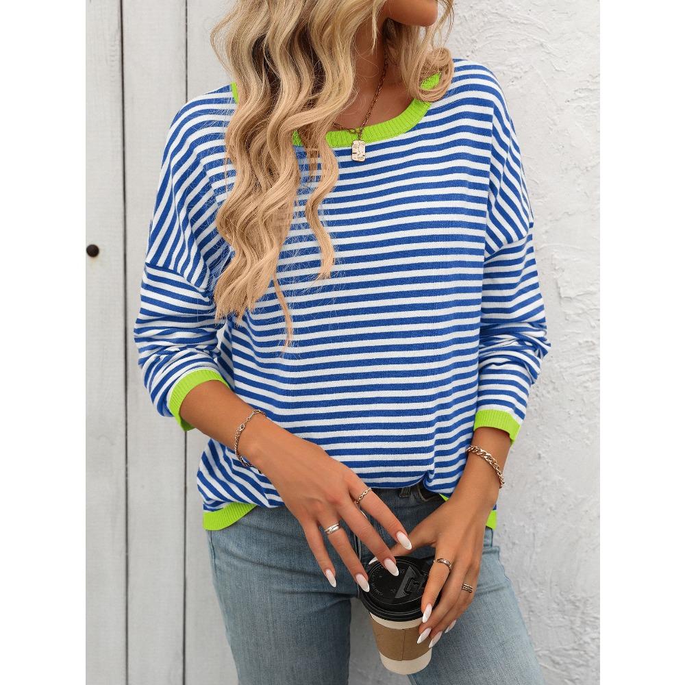 Autumn and Winter Round Neck Striped Contrasting Long Sleeved Casual Women's Sweaters