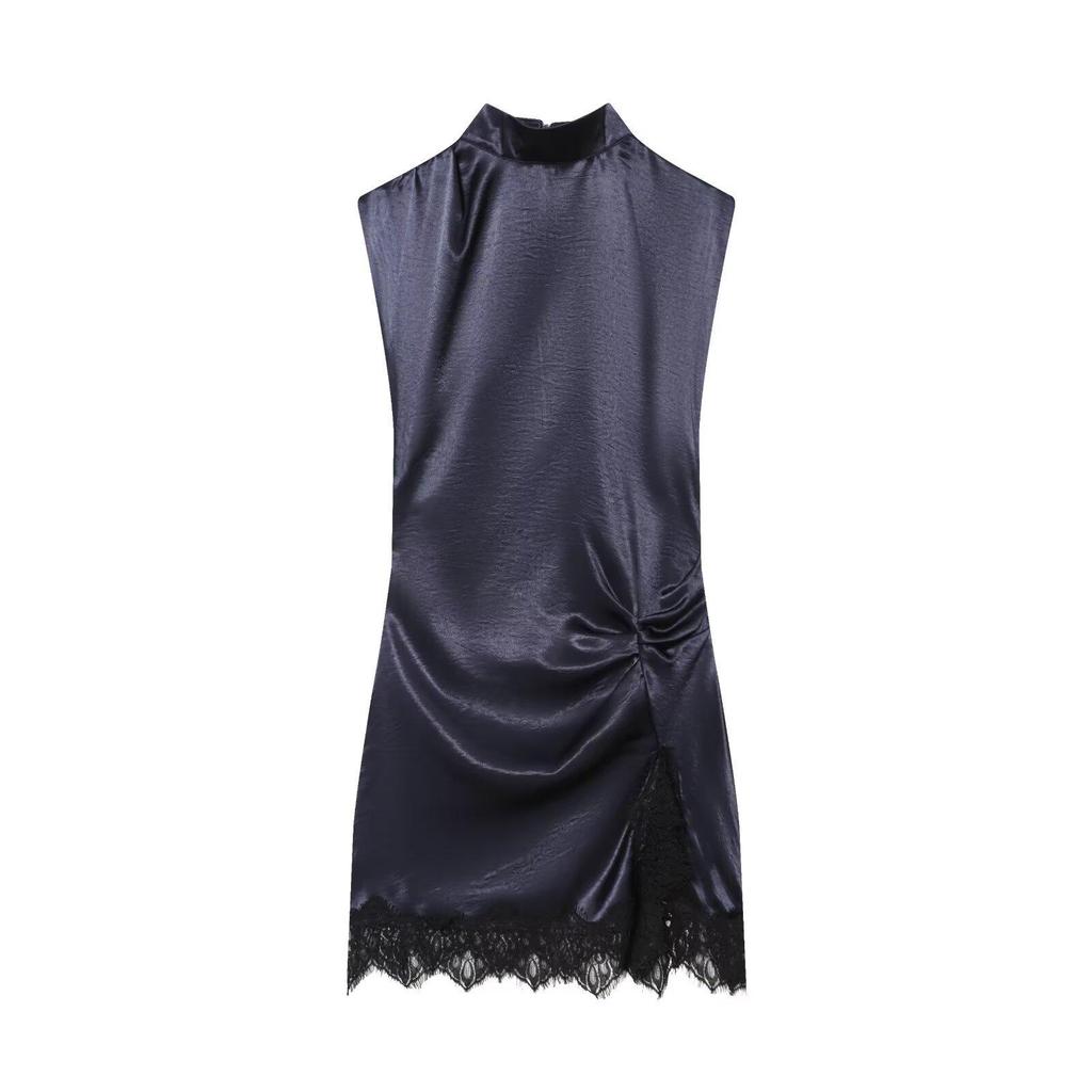 European 2025 Autumn Women's Lace Satin Mini Dress