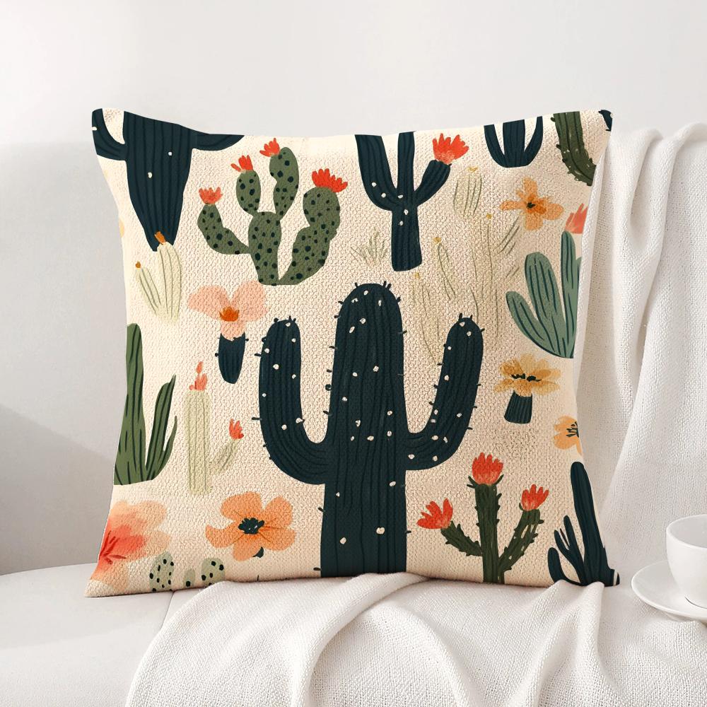 Retro Cactus Cushion Cover Natural Linen Organic Fabric DoubleSided Printing Sofa Home Decor Gift Pillow Cover