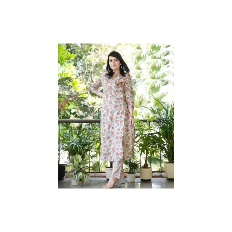 ANNI DESIGNER Women s Cotton Blend Straight Printed Kurta with Pant (Wide Cream_M_Cream_Medium) M кремовый