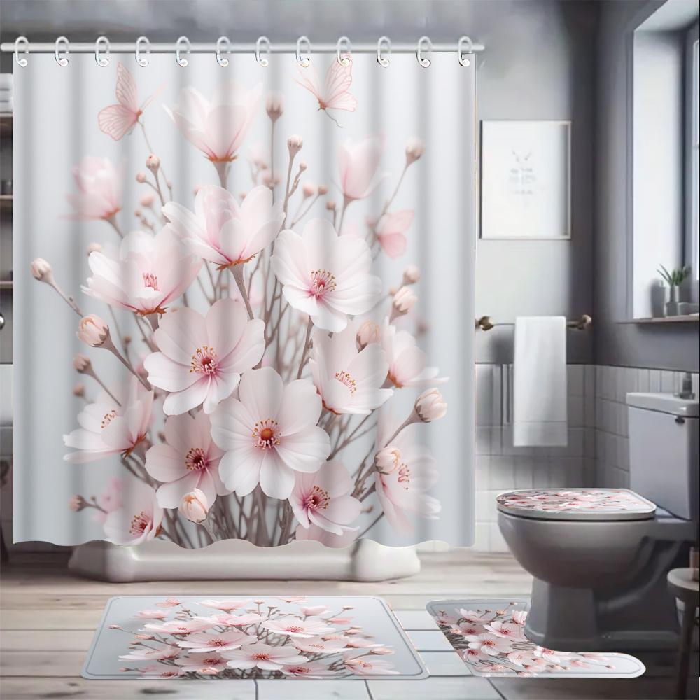 4Pcs Light Pink Cherry Shower Curtain Set with Non-Slip Bath Mat, Toilet Lid Cover, Contour Rug & 12 Hooks, Bathroom Decor
