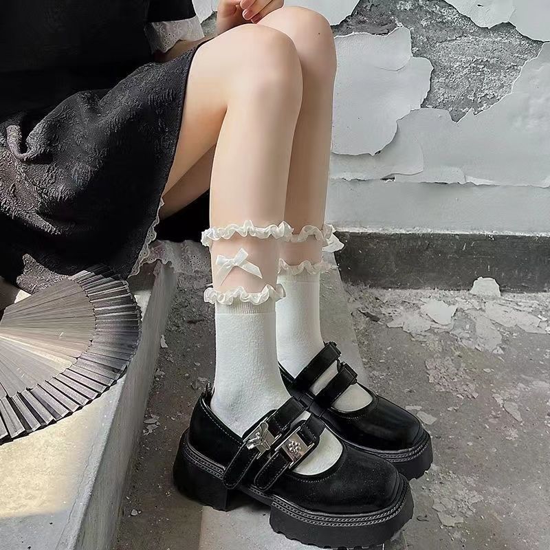 

Сетчатый Бант Черные Носки Женские Весна Лето Тонкие Японские JK Чулки Носки для Лоферов Высокие One size fits all белый