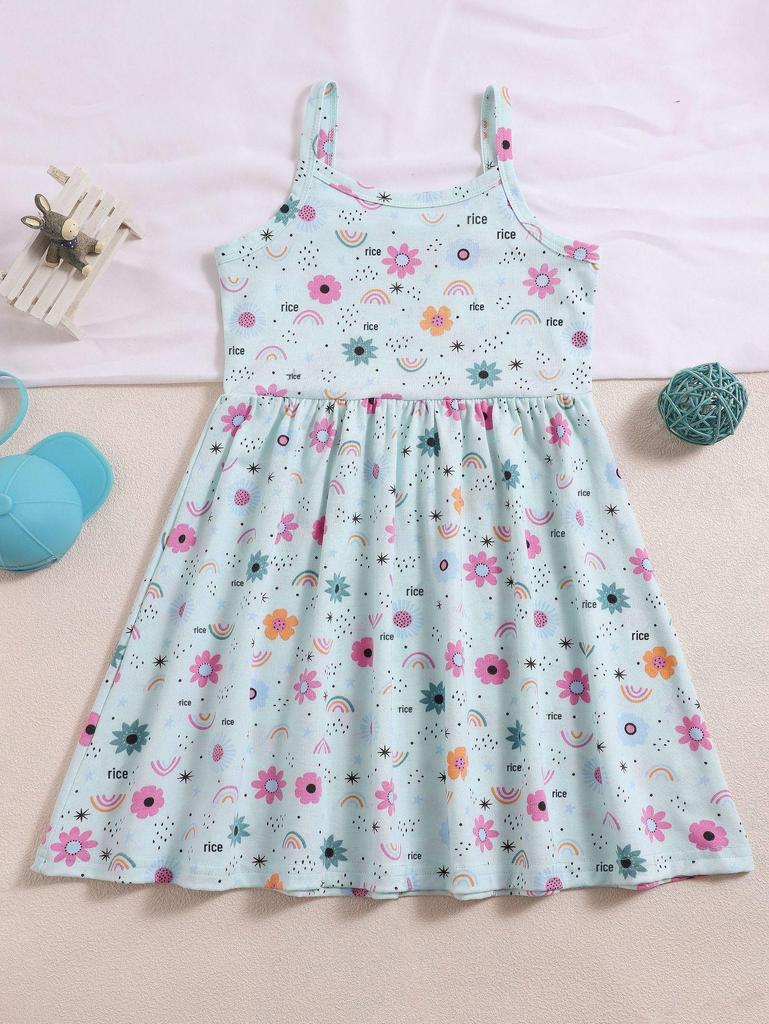 Summer European-American Girls' Cartoon Strappy Princess Dress - Round Neck