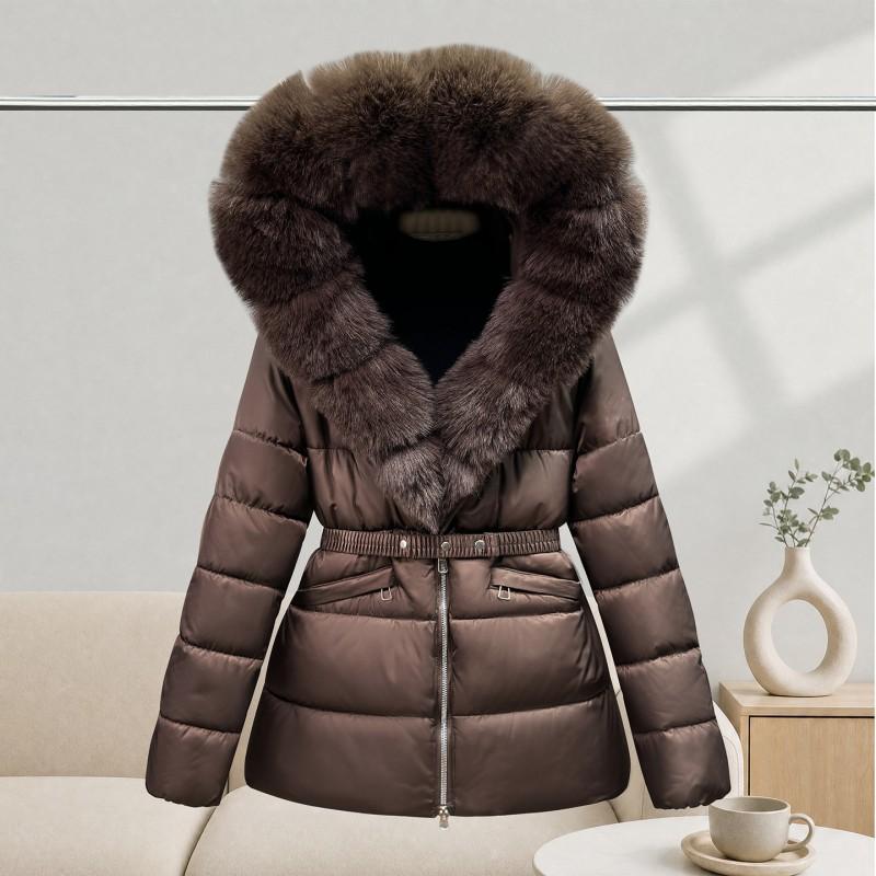Womens Mid-Length Hooded Puffer Coat With Faux Fur Collar Slim Fit Winter Outerwear In Beige Black Coffee