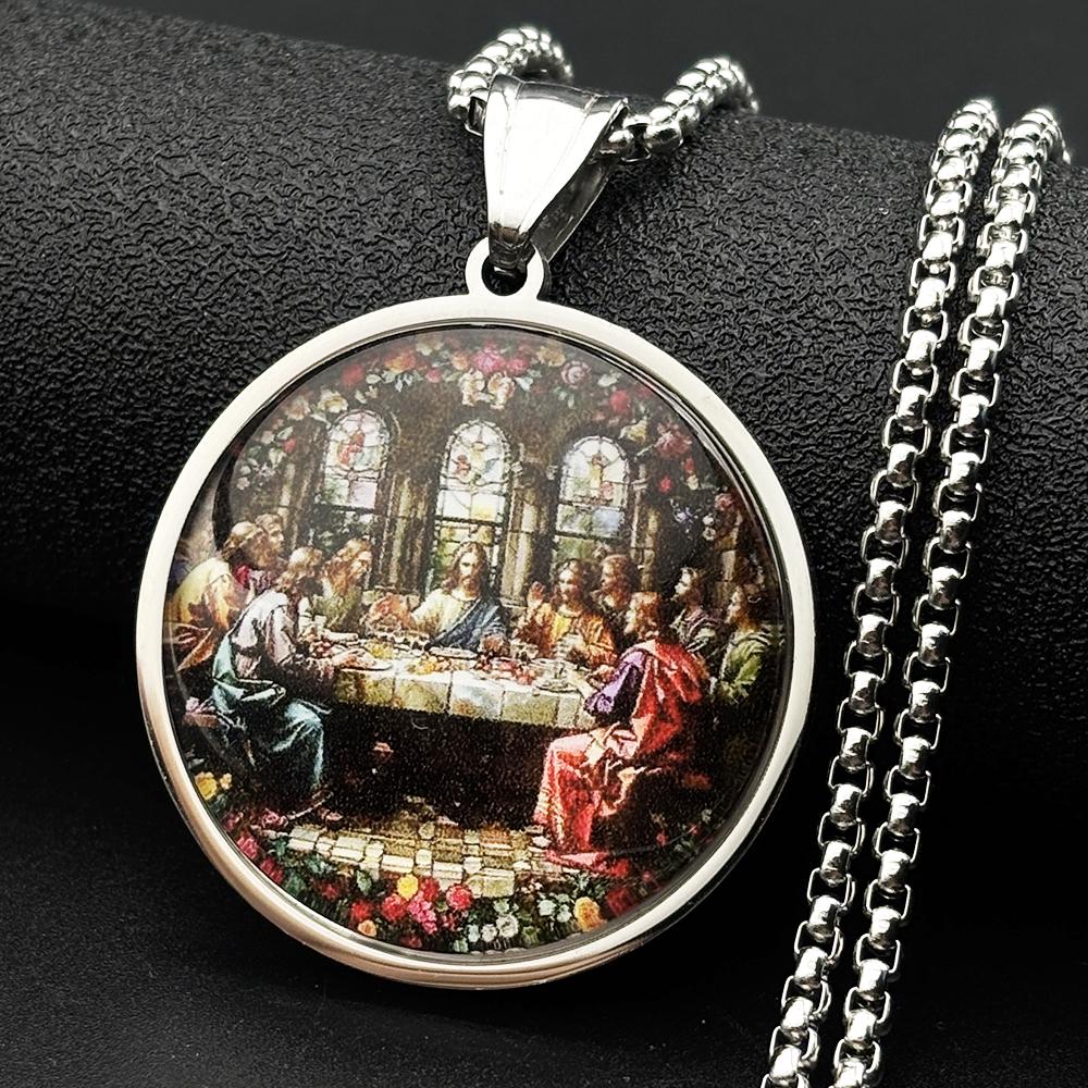 The Last Supper 12 Apostles of Jesus Christ Glass Round Medal Pendant Necklace Stainless Steel Christian Amulet Chain Jewelry