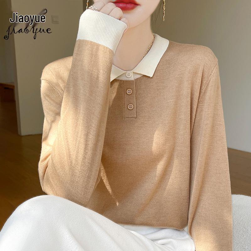 

2025 Women s Merino Wool Color Block Lapel Knitted Pullover M