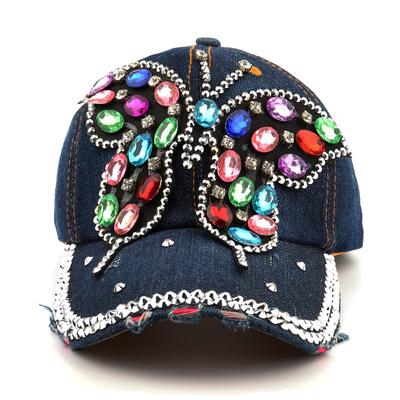 Boné de beisebol ajustável com strass e borboleta da moda, chapéu de pai estiloso, chapéu casual com proteção solar