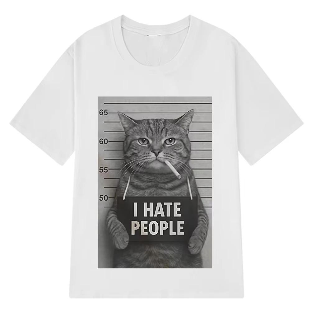 I Hate People Meow Print Tshirt Fun Cat Print T Shirts Men Women Loose Short Sleeve Clothing Harajuku Cotton Casual Tshirts