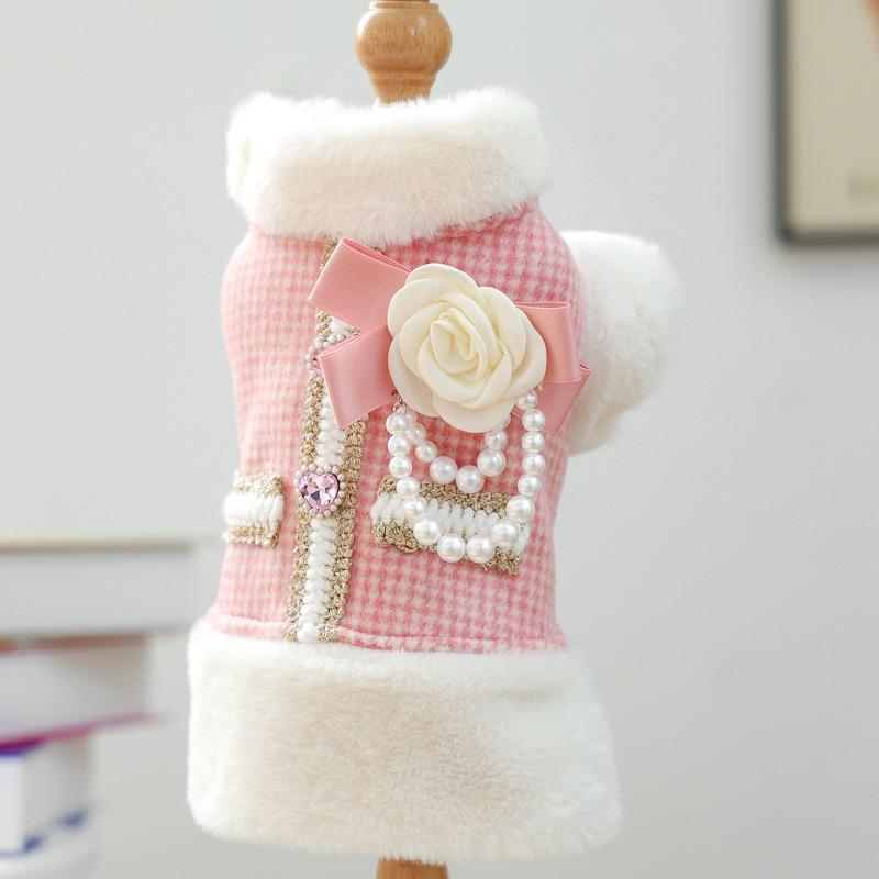 Dog Fragrance Coat Pet Clothes Autumn Winter Velvet Thickened Warm Vest ForDog Cat Pink Fragrant Flower Pearl Sleeveless Clothes