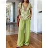1116 Summer Vintage Print Set Elegant V-Neck Cut, Loose Wide Leg Pants Atmosphere Vacation Two-piece Set Women
