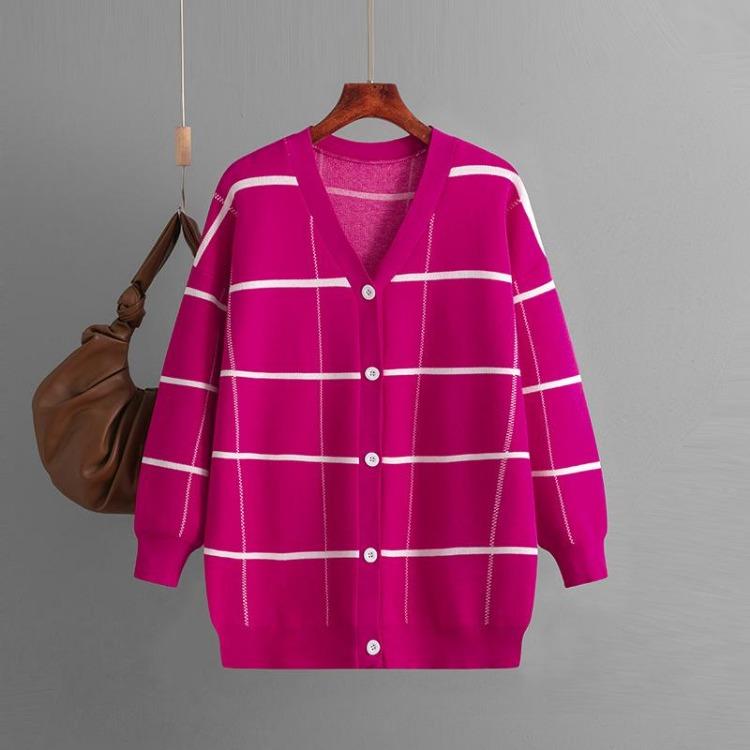 Autumn Winter Women Jacquard Sweater Loose Knit Coat V Neck Long Patterned