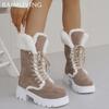 Platform Suede Women Mid Calf Snow Boots Fur Lace Up Mid Heels Cotton Shoes 2025 Trend Warm Short Plush Winter Botas De Mujer