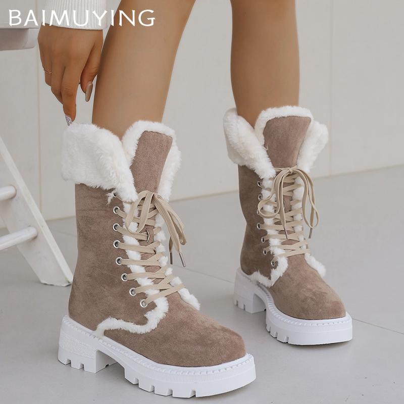 Platform Suede Women Mid Calf Snow Boots Fur Lace Up Mid Heels Cotton Shoes 2025 Trend Warm Short Plush Winter Botas De Mujer