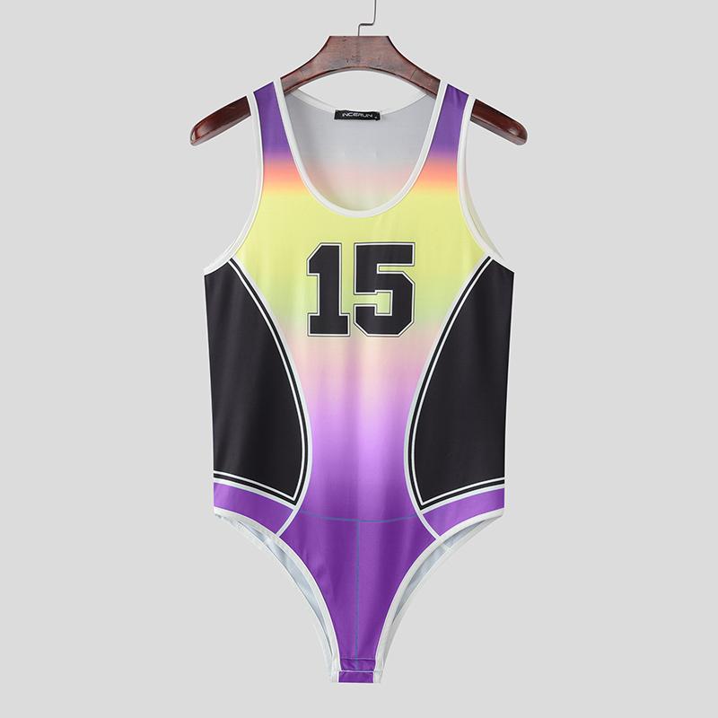 

INCERUN Мужские боди без рукавов с принтом букв и градиентом, облегающие комбинезоны, пижамы 5XL фиолетовый