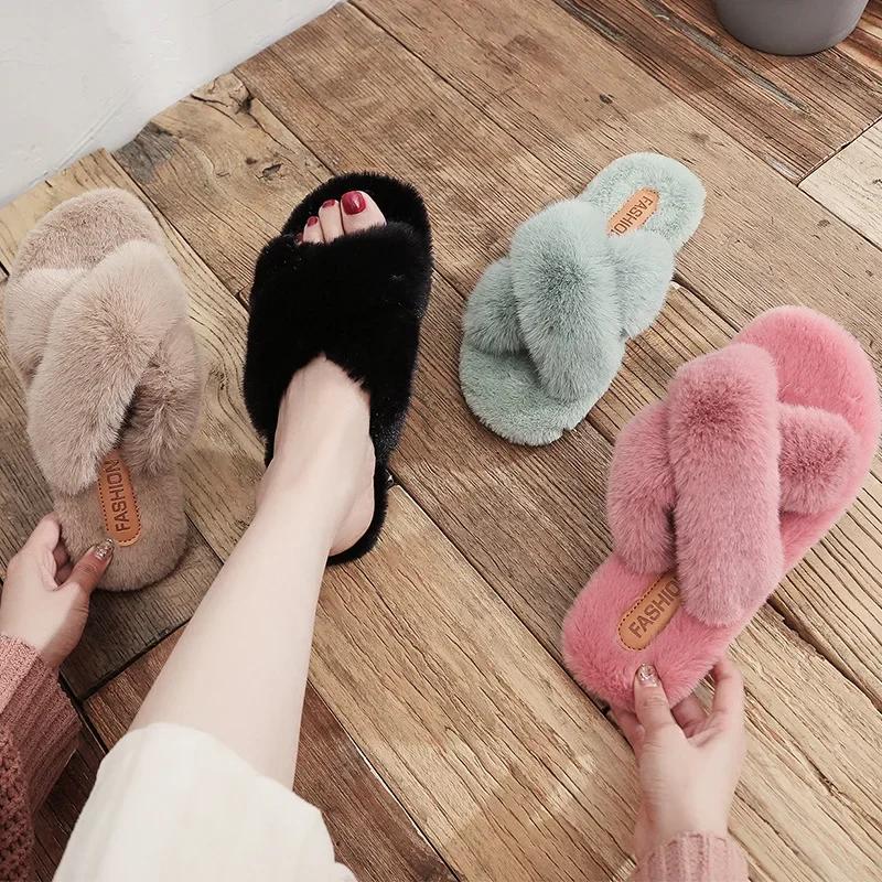 Women Warm Fluffy Slippers Cozy Faux Fur Cross Indoor Floor Slides Flat Soft Furry Ladies Female Celebrities Flip Flops