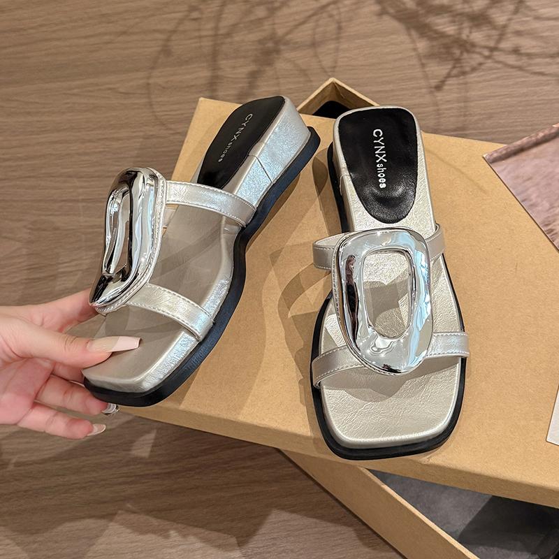 

Fashion 2025 New Wedges Heel Women Slippers Concise Metal Decoration Women Slides Elegant Dress Beach Summers Shoes 35 шампанского