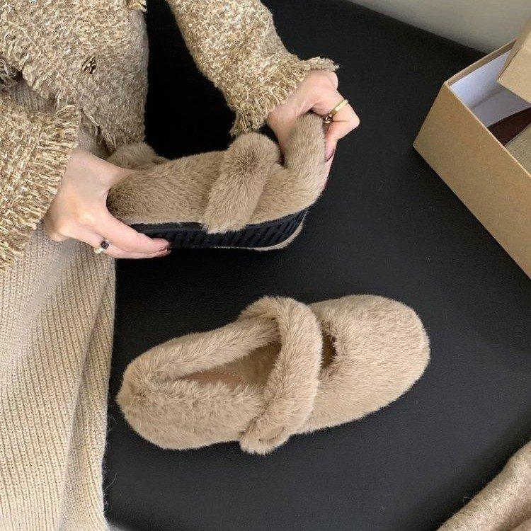 Inner Height Increase 5cm Plush Wool Shoes Women's 2025 Winter New One-word with Mink Thick-soled Versatile Casual Wool Cotton