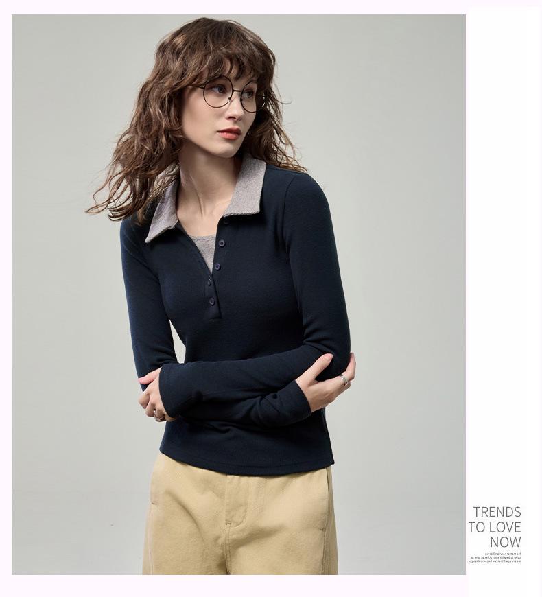 Dámské barevně blokované polo tričko Henley s dlouhým rukávem a úzkým střihem (Kolekce Podzim 2025)