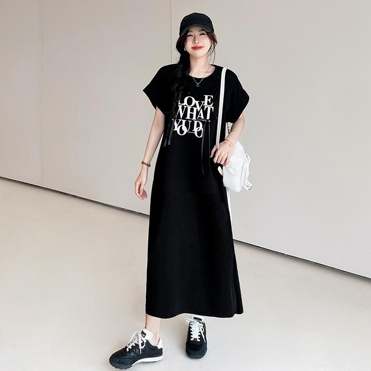 

DIMANAF 2025 Summer Plus Size Dress Women Casual Vintage Long Dress Loose Basic Cotton Letter Printing Dress 3XL чёрный