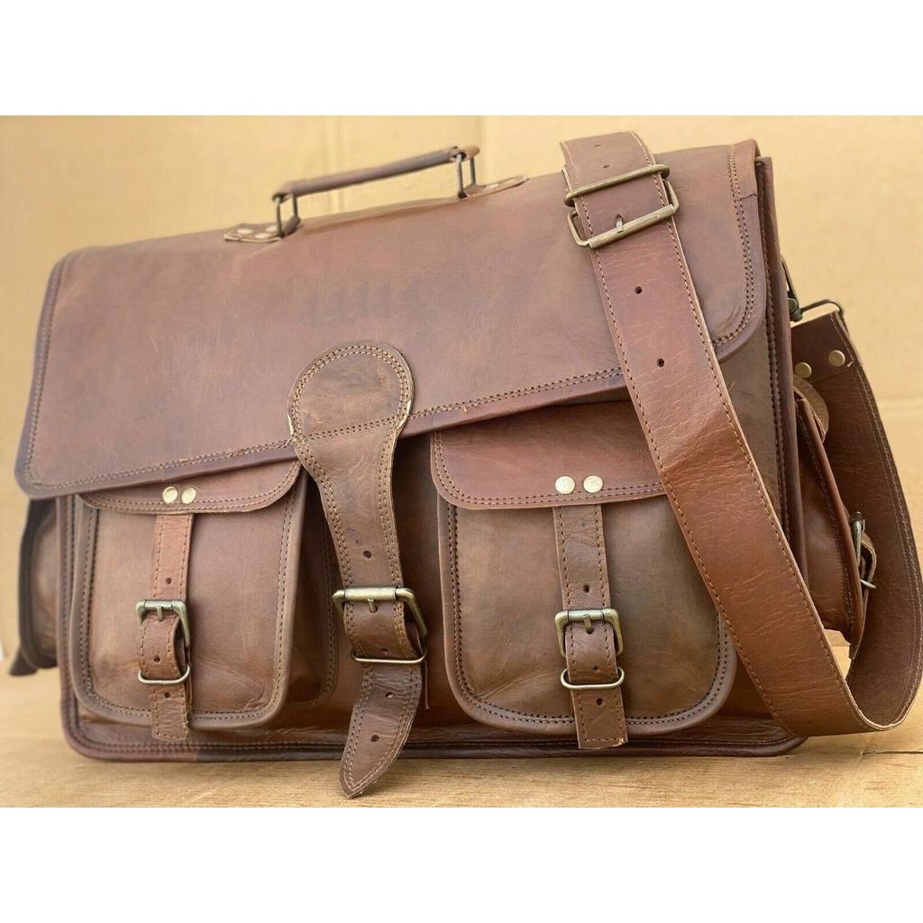 Vintage Laptop Messenger Briefcase Bag Satchel  Dark Brown Men's Leather