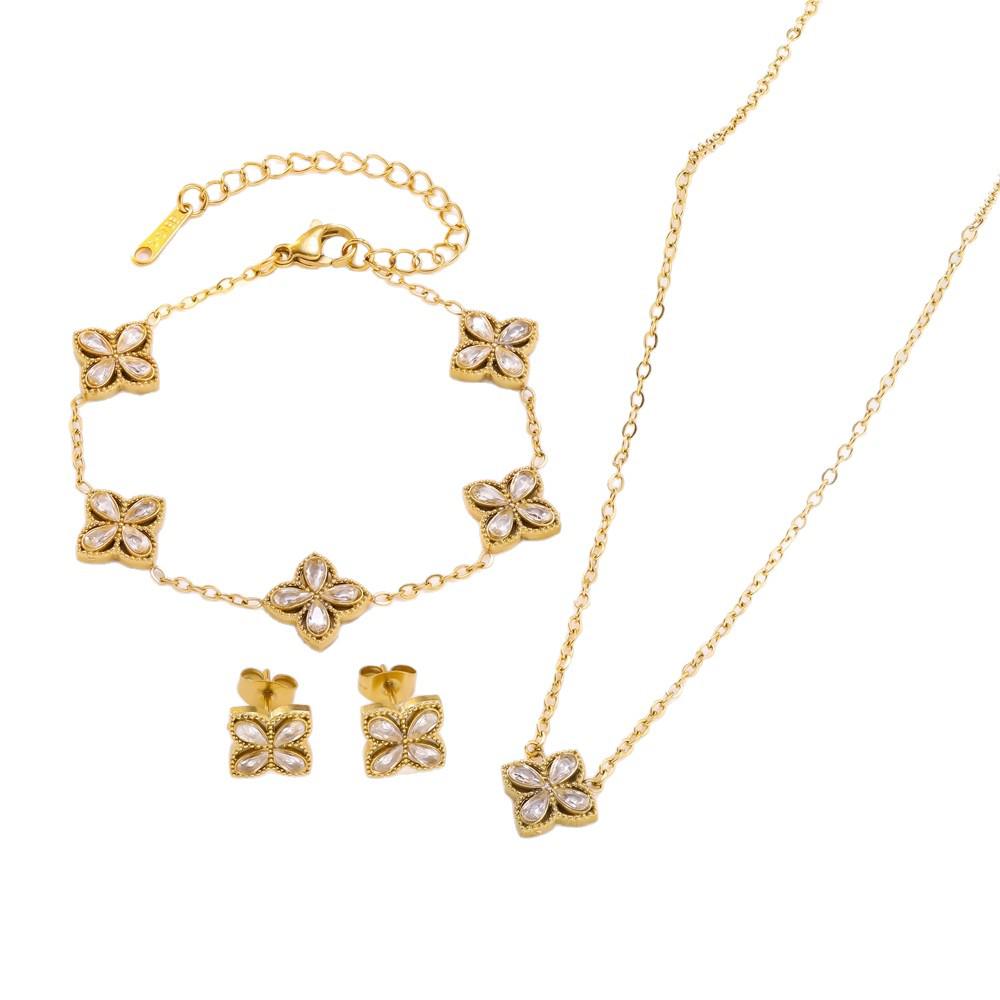 Cross-Border Niche Design Zircon Clover Titanium Jewelry Set: Bracelet, Necklace, and Stud Earrings for Women