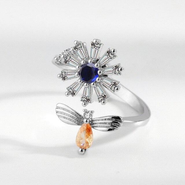 

Кольцо из стерлингового серебра 925 пробы с вращающимся кристаллом пчелы и ромашки для женщин и девочек, роскошные свадебные аксессуары, ювелирные изделия Jz101 синий