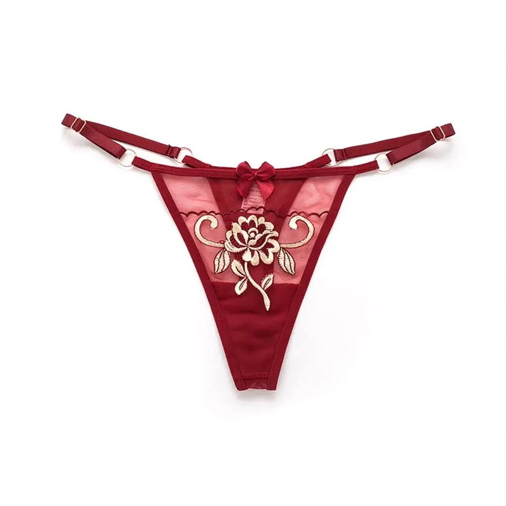Breathable Girls Flower Embroidery Low waist Intimates Ladies Bandage Thongs Lace Bow Panties Women  T-back Seamless  Briefs