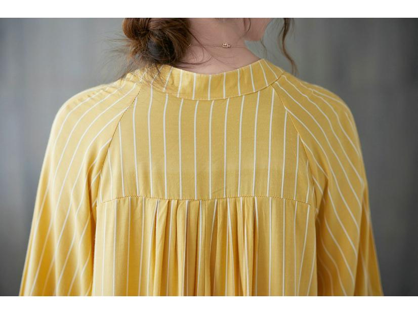 Frühling/Sommer 2023 Damen Übergröße Gestreiftes Lässiges Langes Kleid - Literarischer Stil, Lockere Passform, Schlankmachender Effekt