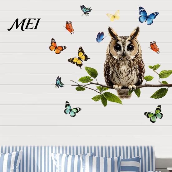 Removable PVC Home Decoration Owl Butterfly Wall Sticker, Forest Animal Illustration Decorative Decals, Seasonal Interior Ornament Waterproof