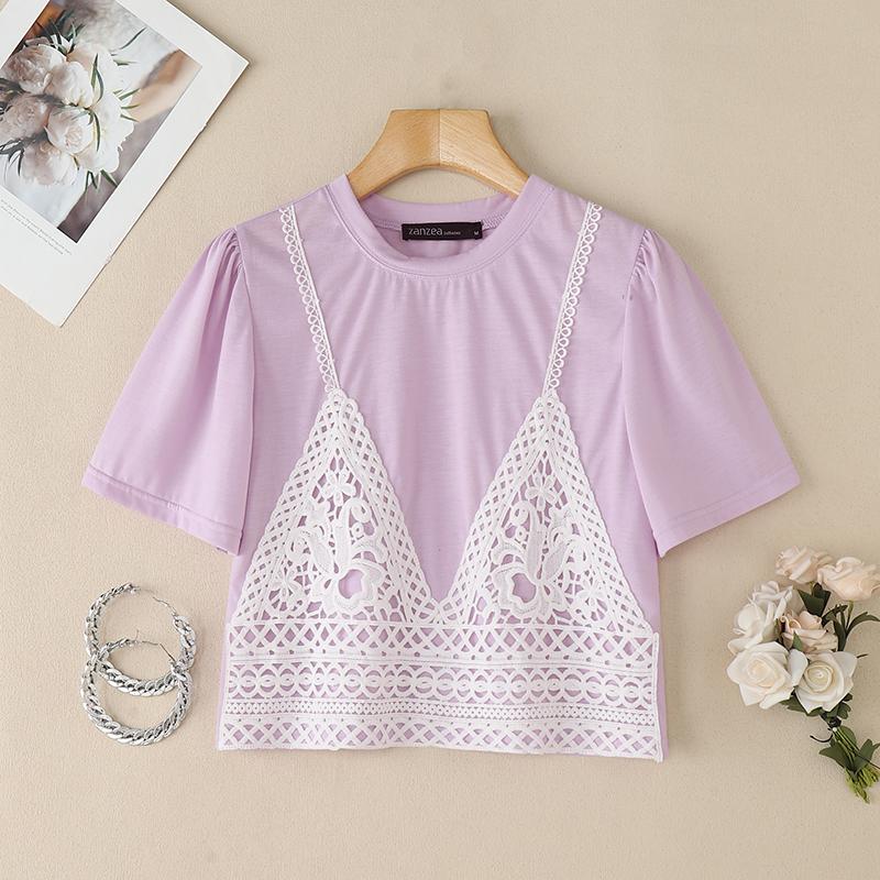 

ZANZEA Женские повседневные футболки с круглым вырезом, коротким рукавом, летние, пэчворк 5XL фиолетовый