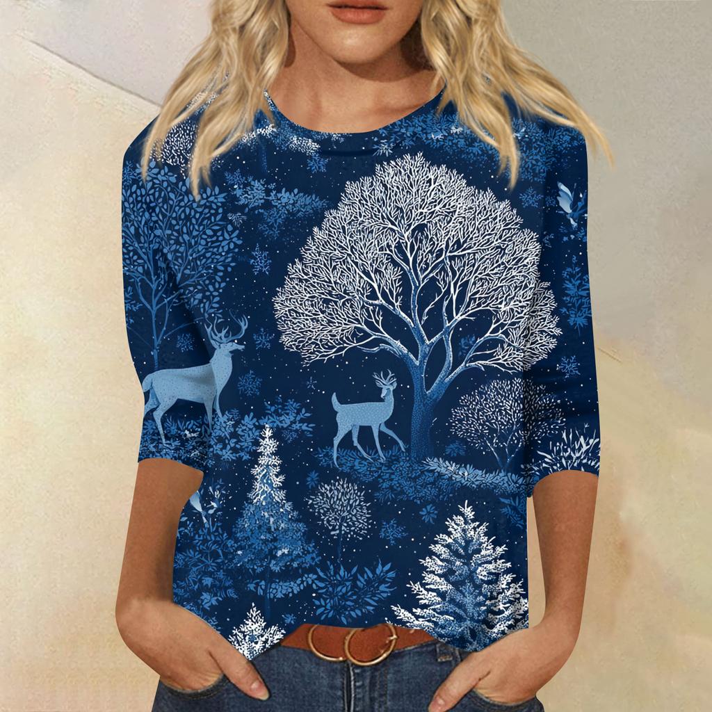 Women's Fashion Casual Round Neck Three-quarter Sleeve Christmas Print T-shirt Top