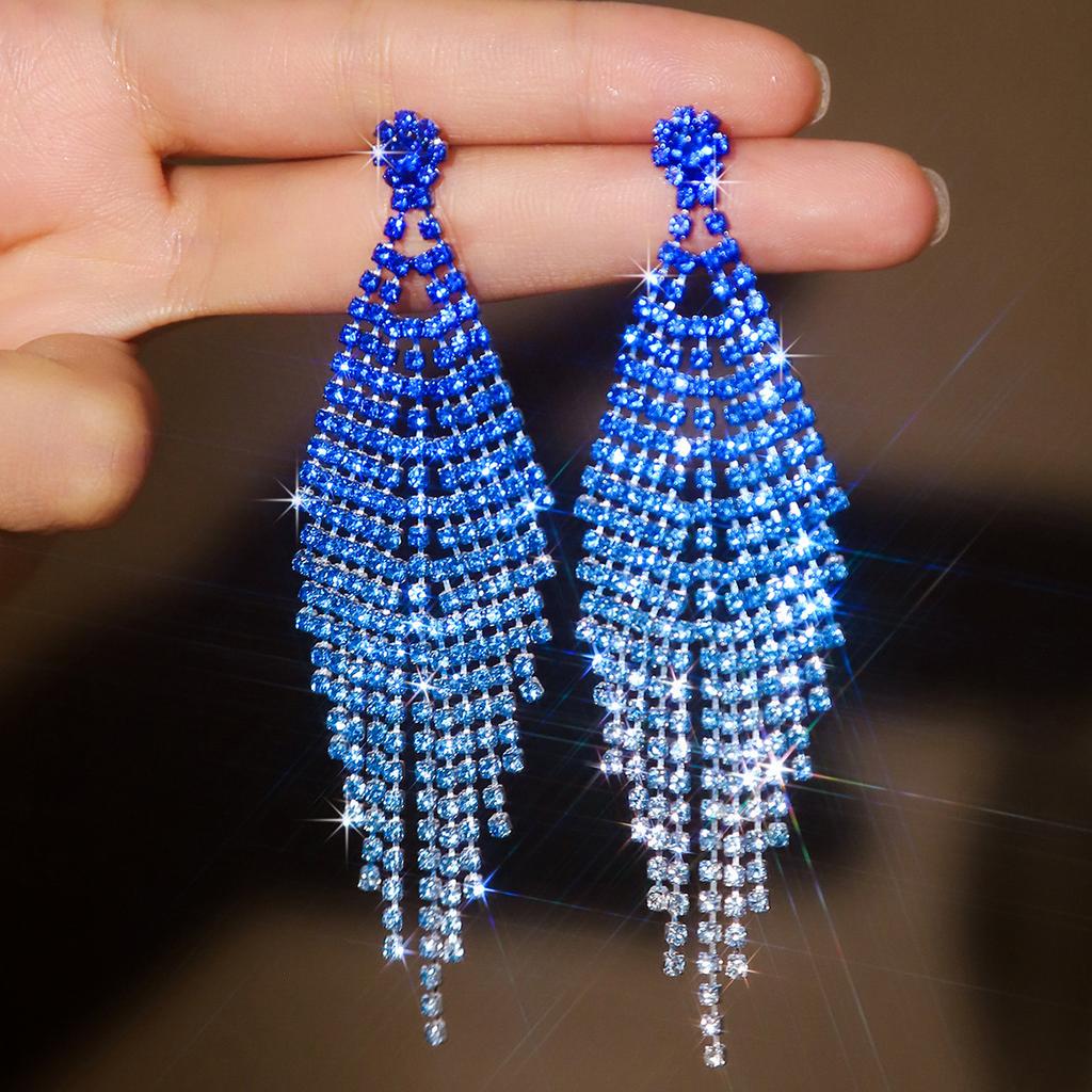 Ladies Light Luxury Rhombus Long Tassel Shines Crystal Ear Drop