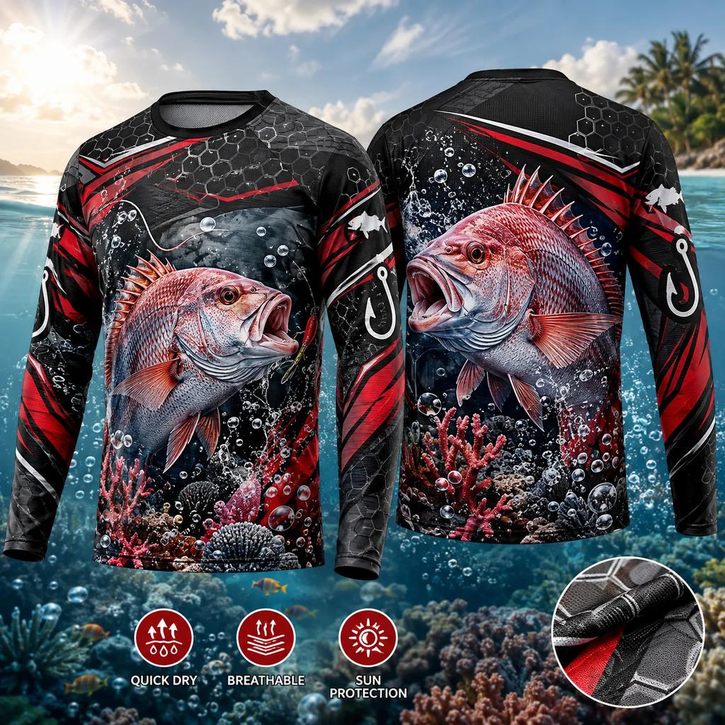 3D Print Casual Long Sleeve Red Snapper Fishing Shirt Men 3D Fish Print Quick Dry UPF 50 UV Protection Jersey Outdoor Angling