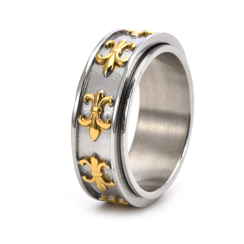 Men Retro Antique Clover Cross Titanium Steel Ring Rotatable Gold Plated Open Band European Personalized Trendy Adjustable Jewelry Holiday Gift