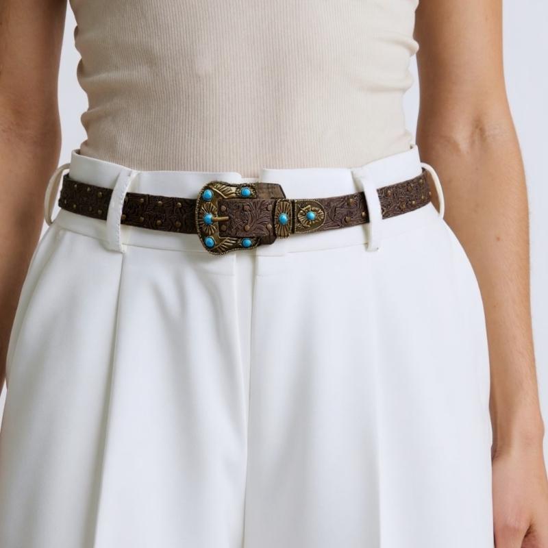 Western Engraved Leather Belt Adjustable Waistband Durable PU Material For Men Women