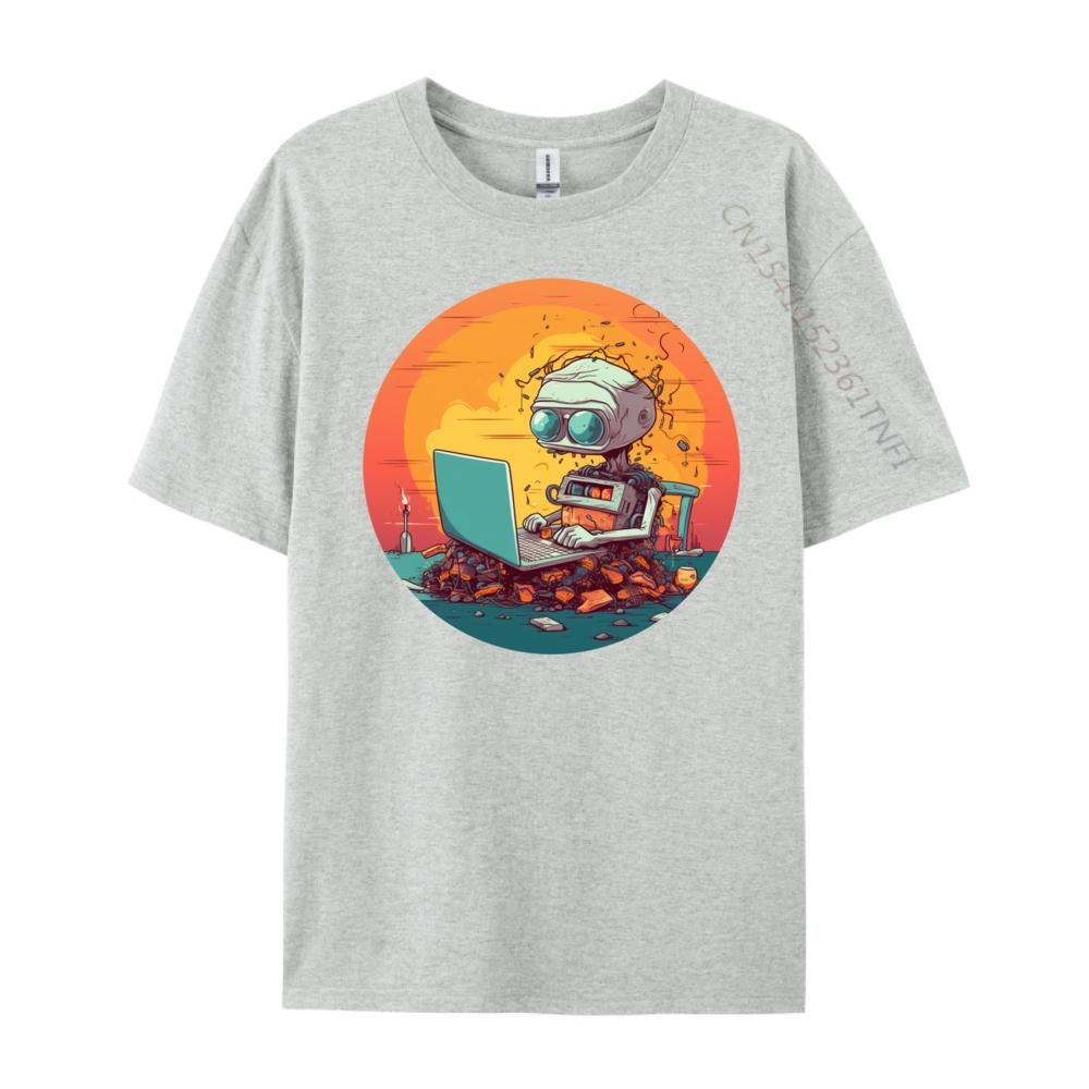Funny Smart Ai Robot With Laptop For Portable Computer Fans Black Graphic T Shirts Autumn Mens Cotton TShirt Halloween