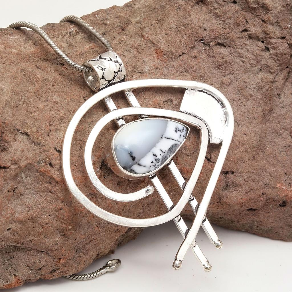Opal Pendant Gemstone Silver 2.5" Jewelry  Dendritic Handmade Ethnic