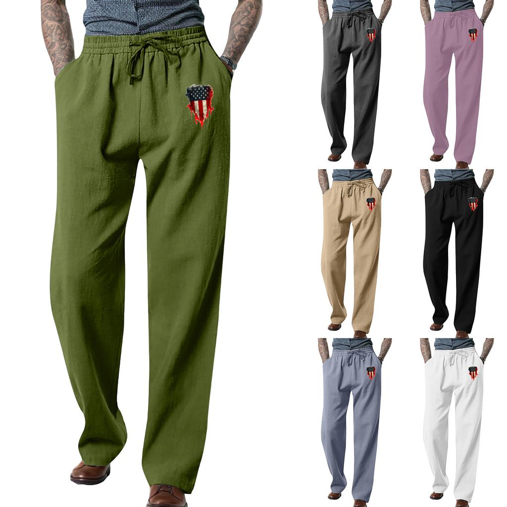 Men's Loose Casual Color Cotton Linen Trousers Elastic Tie Printed Straight Pants