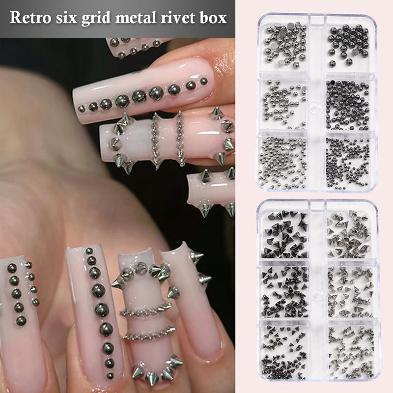 6 Grids 3D Mini Punk Metal Nail Studs Mix Size Silver Gold Black Nail Art Charms Alloy Rivets Stick Cone Diy Crafts Decoration