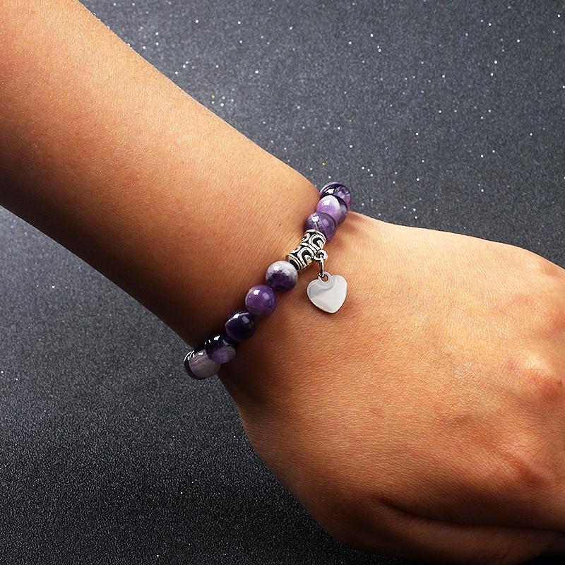 Original Amethyst Heart Charm Bracelets Women 316L Stainless Steel Pendant Bracelets Nature Stone Beaded Couple Jewelry Pulsera
