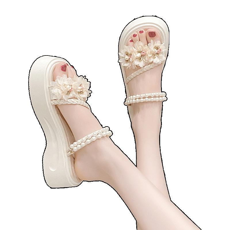 2025 new fairy style pearl slippers female summer wear sweet thick-soled flowers with skirts sandals two wear sandals