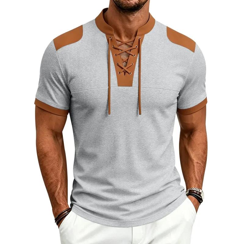Summer Vintage Style Casual T-Shirts Men Patchwork Drawstring Loose Male Tshirt Short Sleeve Fashion Pull On Tees Streetwear