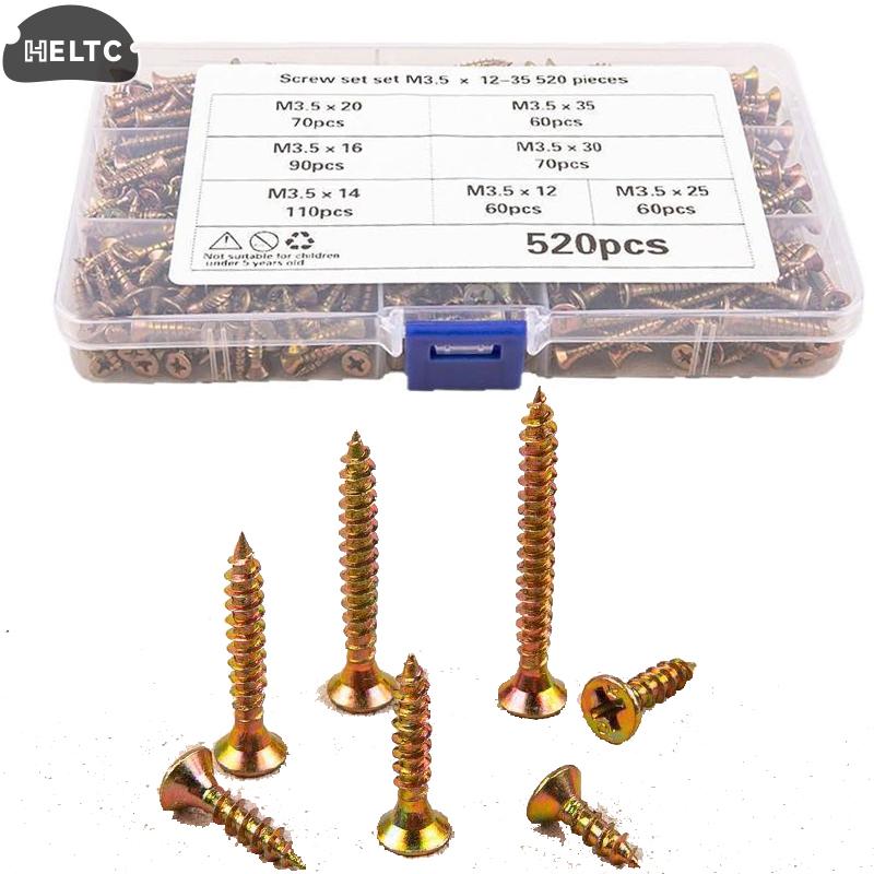520Pcs M3.5 Countersunk Head Self-Tapping Screws Kit Color Galvanized Screw Set For Woodworking Industrial Home Decoration