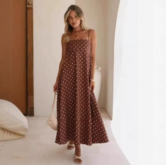 European and American Off-the-shoulder Beach Skirt New Sleeveless Suspender Polka Dot Long Dress Casual Dress