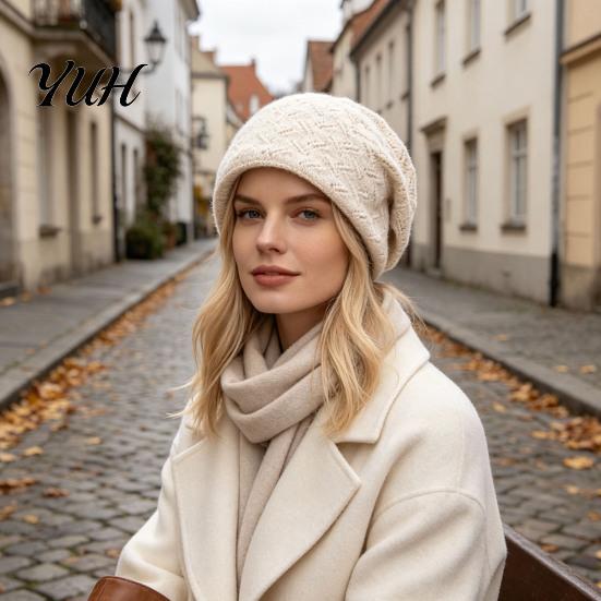Layered Style Winter Beanies for Girls Knit Women, Thick Slouchy Skull Cap with Diamond Warm Woolen Cold Weather Texture, Soft Cozy Casual Hat Outdoor