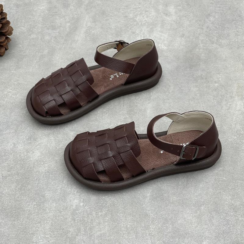 Johnature Soft Cowhide Woven Round Toe Flat Sandals Soft Sole Comfortable Genuine Leather Women's Shoes