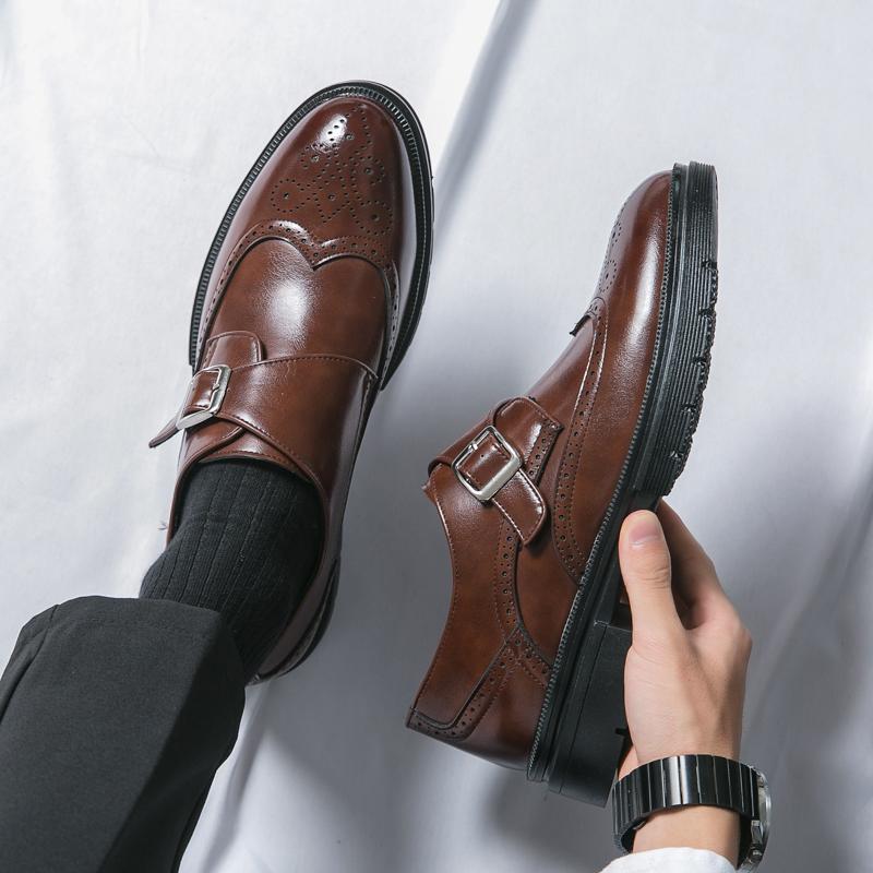 Fashionable Block Leather Shoes Spring/Summer Men Business Dress Buckle Thick Sole Increase Comfortable Round Head Leather Shoes