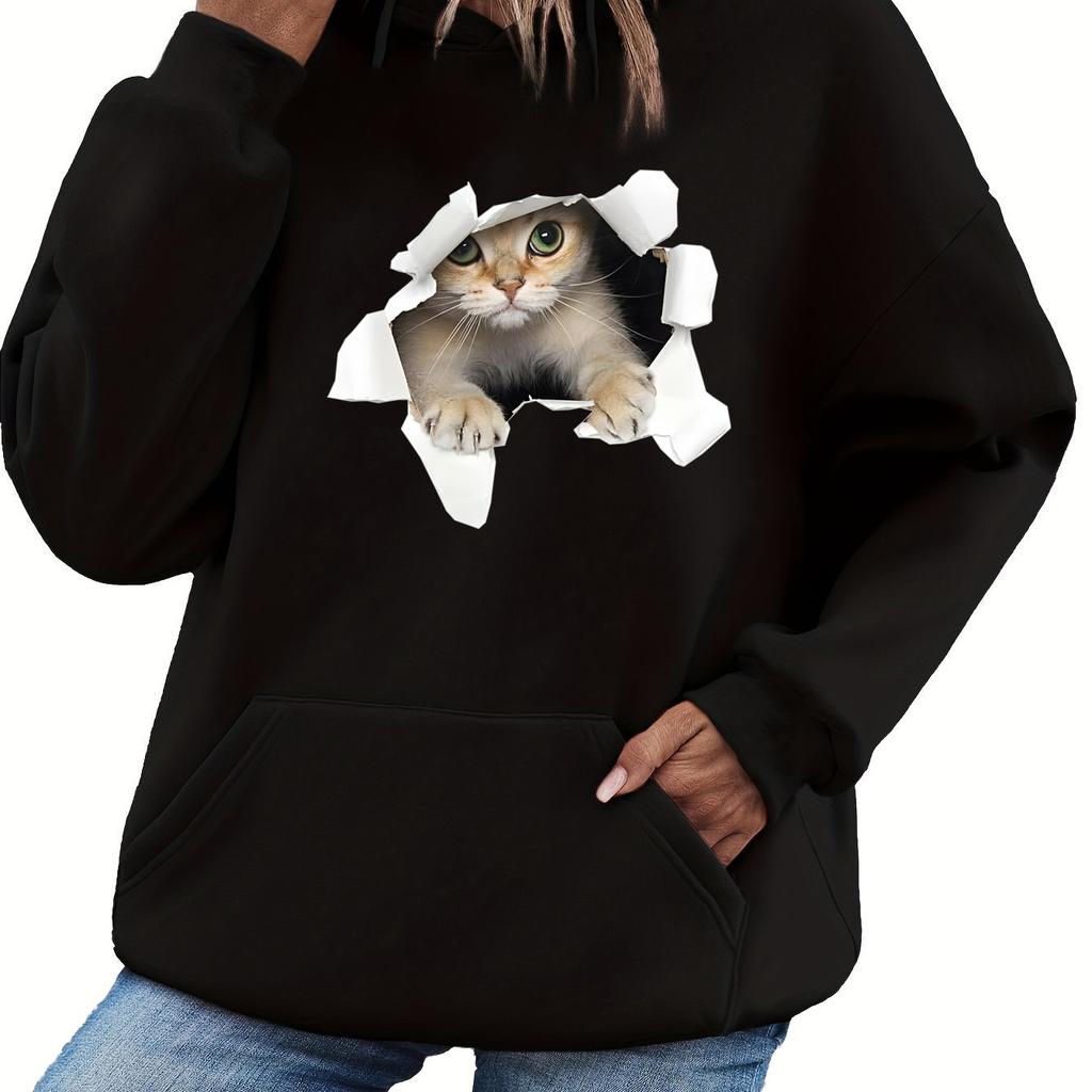 Women's Autumn and Winter Warm and Loose Casual 3D Cat Pattern Printed Velvet Long Sleeved Hooded Sweatshirt